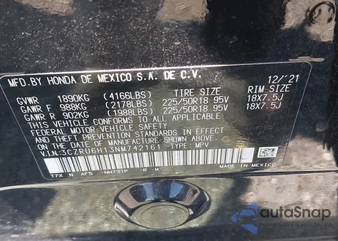 2022 Honda Hr-V Awd Sport from USA, damaged, VIN 3CZRU6H13NM742161